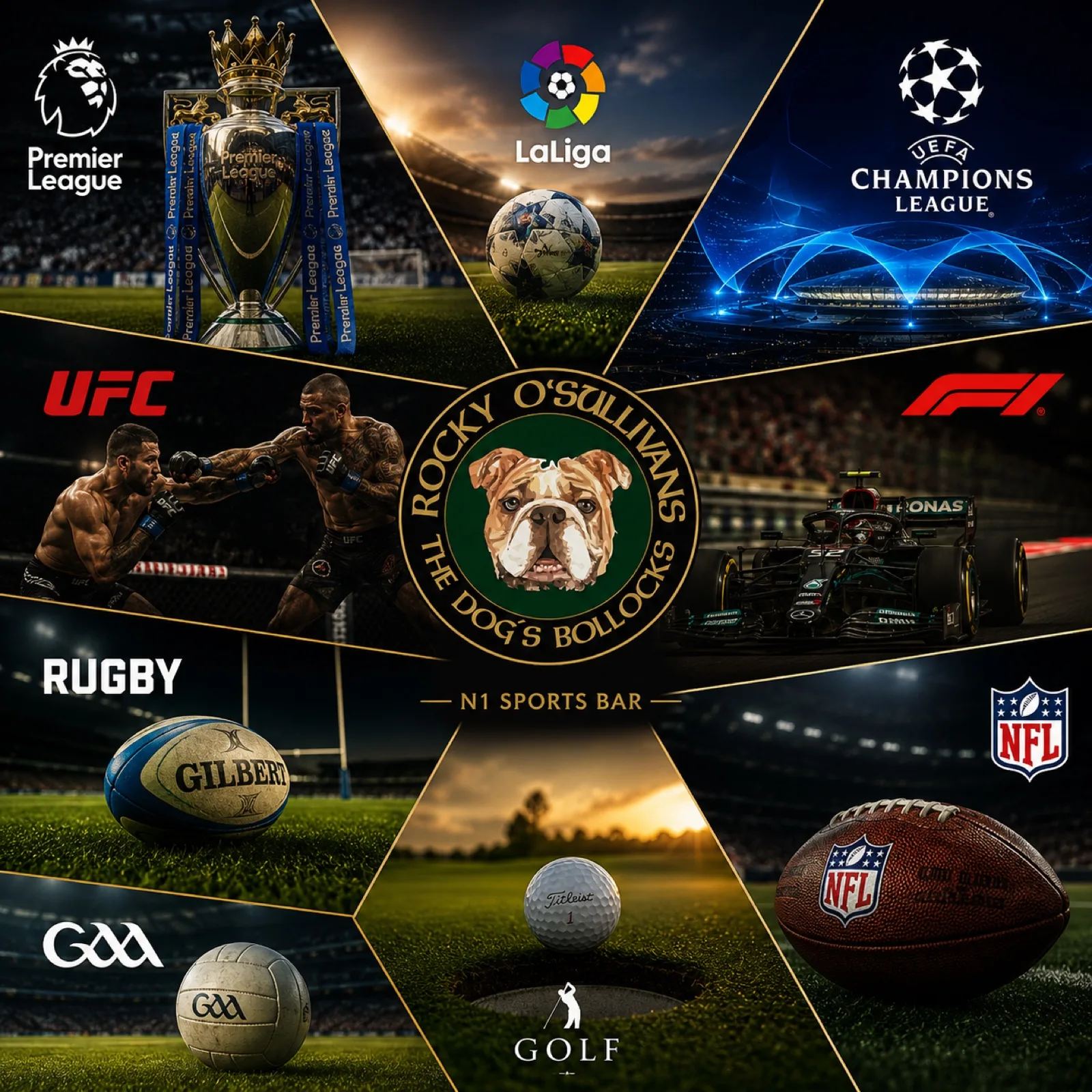 All the sports we show: Premier League, League of Ireland, La Liga, Champions League, UFC, F1, Rugby, NFL, GAA, Golf